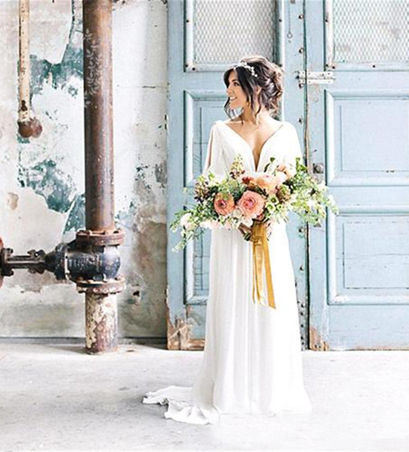 Sexy Plunging Neckline Bridal Gowns Long Sleeves V Backless Sweep Train Chiffon Wedding A Line Dress, White
Sexy Plunging Neckline Bridal Gowns Long Sleeves V Backless Sweep Train Chiffon Wedding A Line Dress, White
