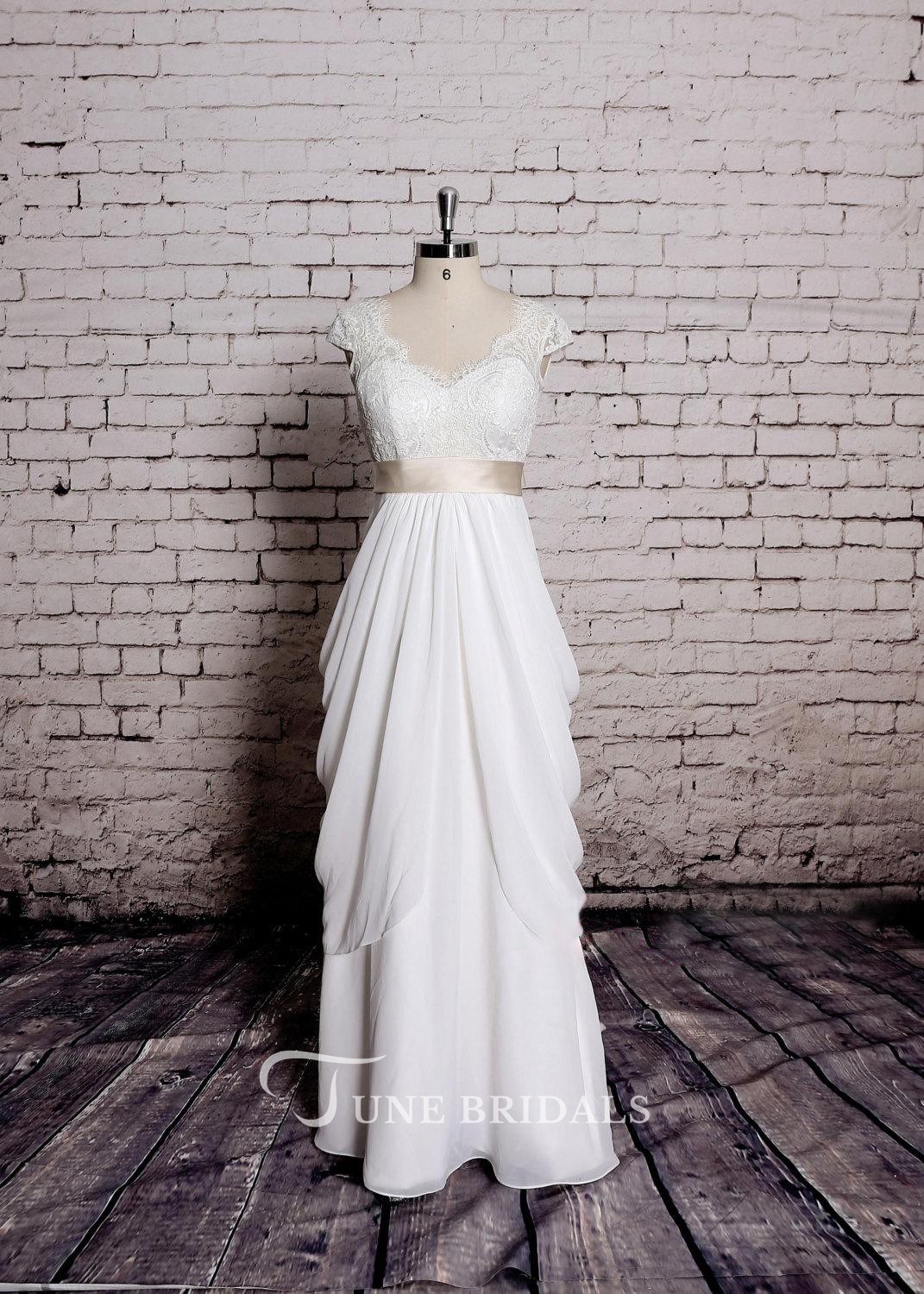 Real Pictures Country Wedding Dresses A e V Neck Chiffon Lace Appliques Ruffles Beach Bridal Gown or Length Plus Size vestido de novia