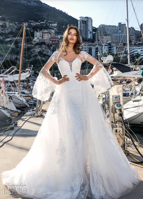Luxury Beach Wedding Dresses With Detachable Skirt Deep V Neck Sexy Backless Country Bridal Gowns With Cape Plus Size Mermaid Wedding Dress