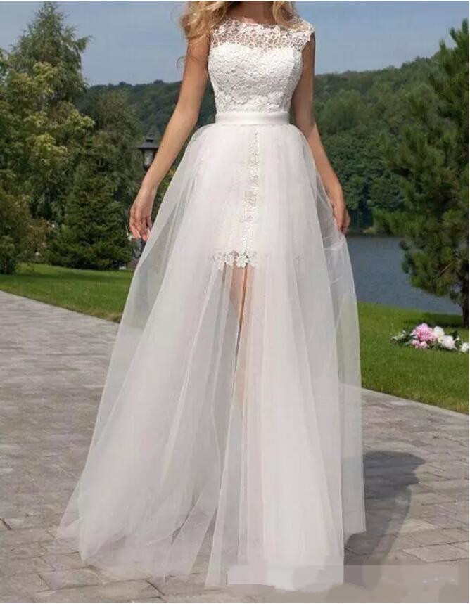 2020 Mini Short Wedding Dresses Bridal Gowns Detachable Train Sexy Open Back Bridal Gowns Full Lace Sheath Wedding Dress