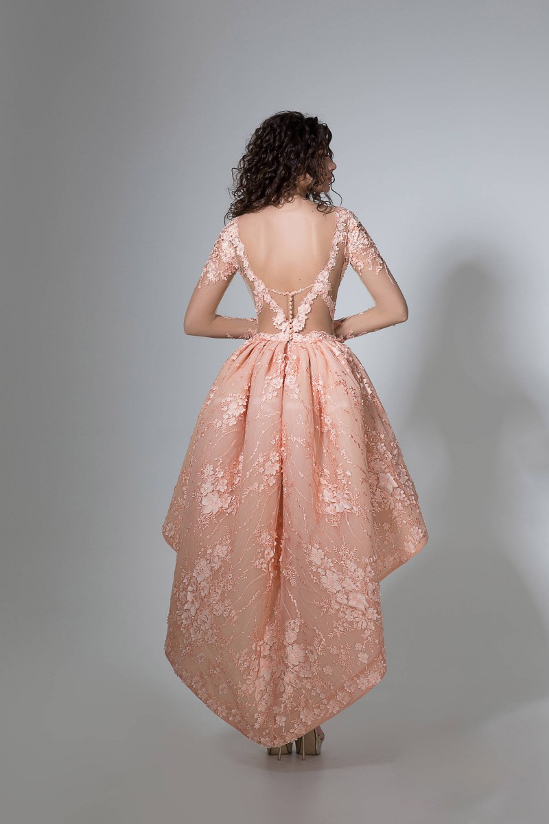 Newest Hi Lo Short Prom Dress Sheer Jewel Neck Long Sleeve 3D Floral Appliques Elegant Evening Dresses