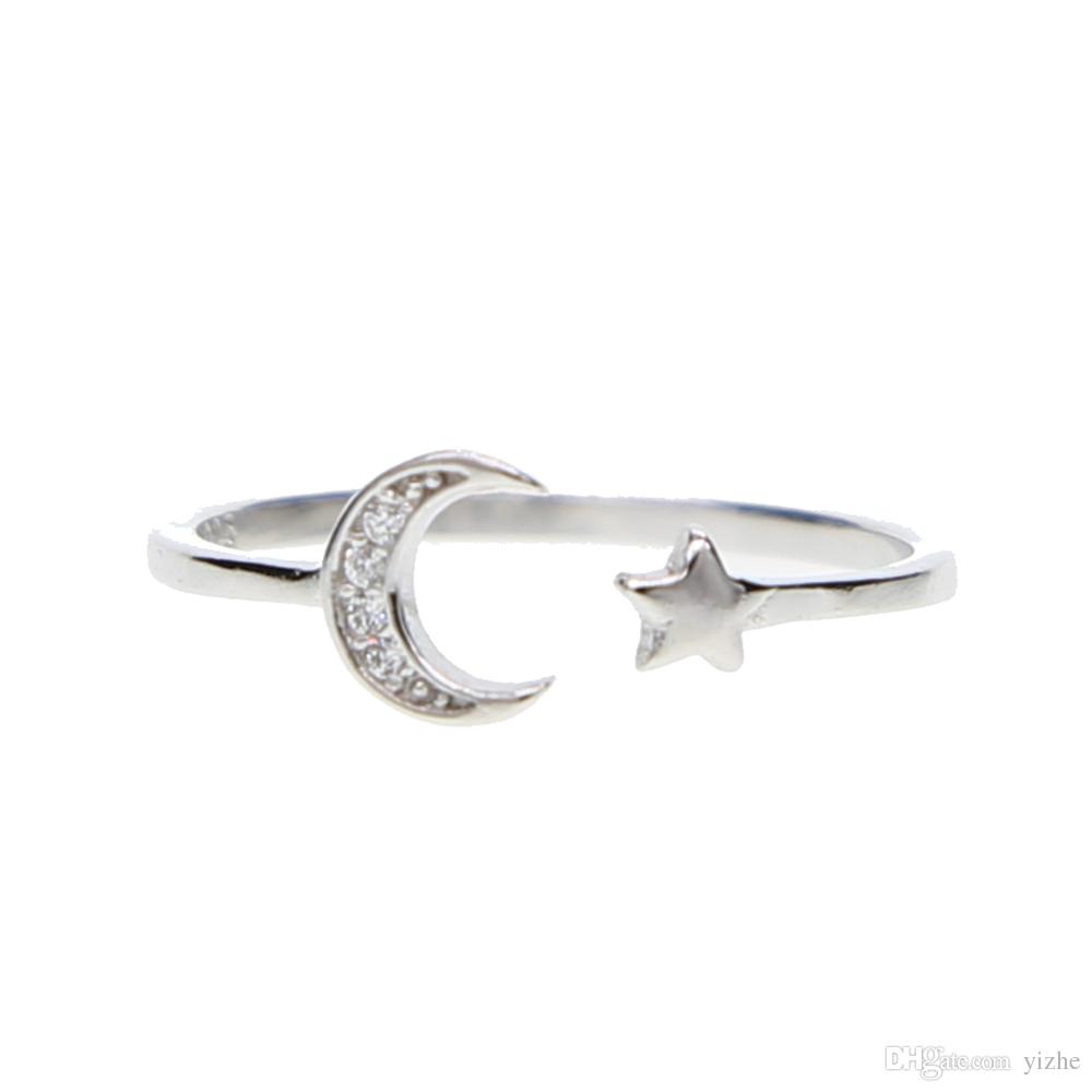 open adjusted rings moon star dainty 925 sterling silver Christmas gift girl women moon star ring 925