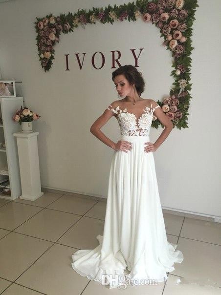 Beach Cheap Sexy Bohemian Dresses Sheer Neck Chiffon High Side Split Boho Bridal Gowns Court Train Wedding Dress Custom