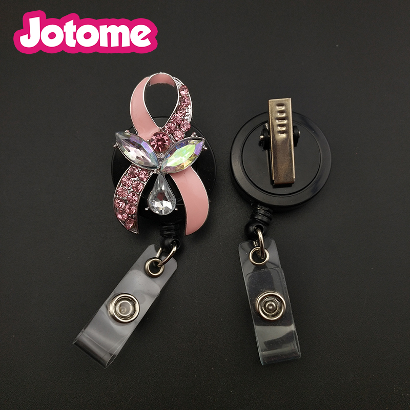5pcs Breast Cancer Awareness Key Rings Pink Enamel Ribbon Nurse Retractable Badge Reel ID Holder Clip School Office