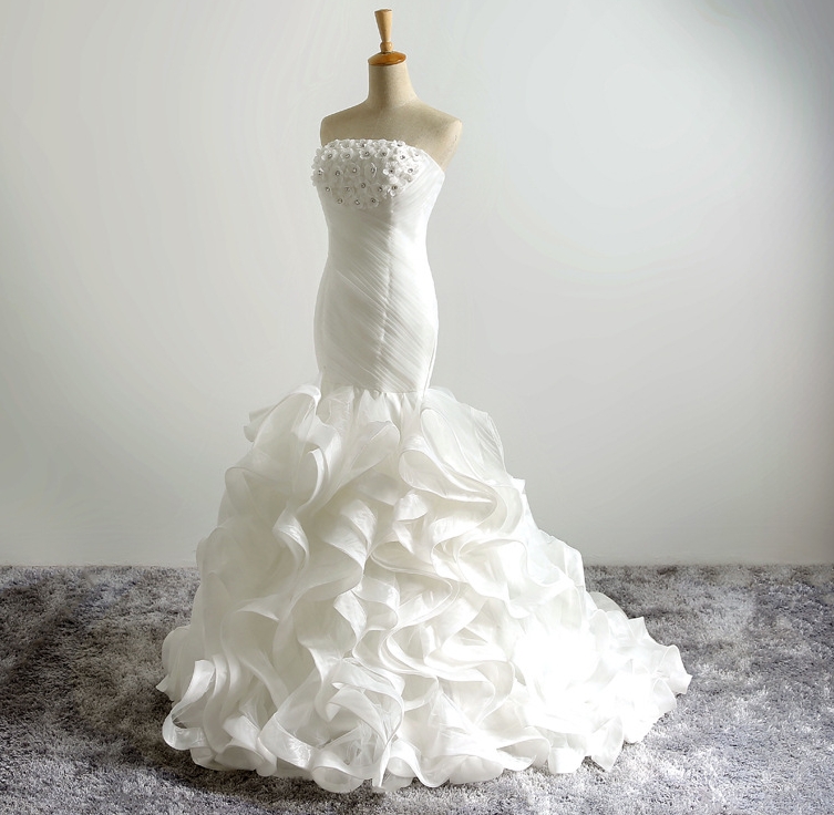 New Strapless Mermaid Organza Wedding Dresses Flowers Pleat Long Bridal Gowns Bride Dress robe de mariage Plus Size vestido de noiva