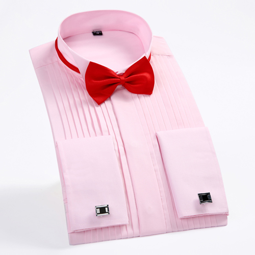 Men's Long Sleeve Wing Collar Tuxedo Dress With Tie Black, White, Pink - French Cuffs, 25% Cotton 75% Polyester, Formal Wedding Groom Shirt B4