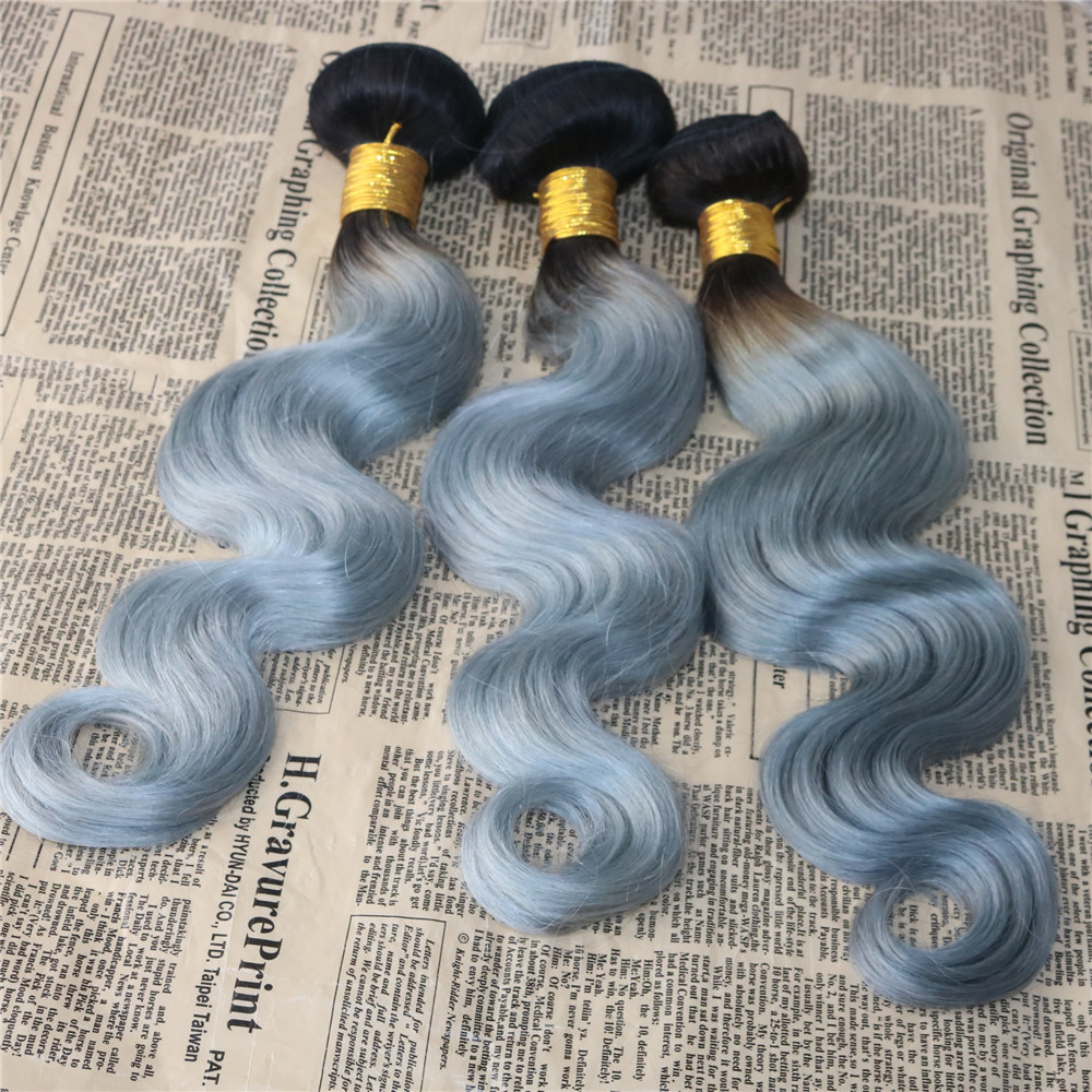 Virgin Brazilian Human Hair Bundles with 360 Lace Frontal Omber #1B/Sliver Body Wave Hair Weft Weave with Lace closure Remy Hair Extensions