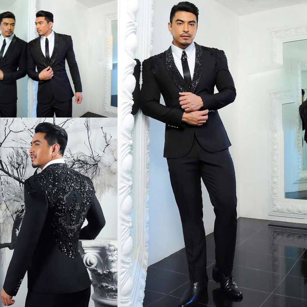 2019 Latest Brand Designer Men Suits Two Pieces (Blazer+Pant) Tuxedos Black Shawl Lapel One Button With Sequin Wedding Men Suits