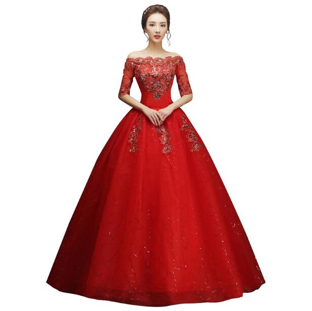 2 color Hot Sale Sexy Red 2016 New Arrival Boat Neck Half Red Lace Material Princess Bling Wedding Dress Custom Made Ball Gown