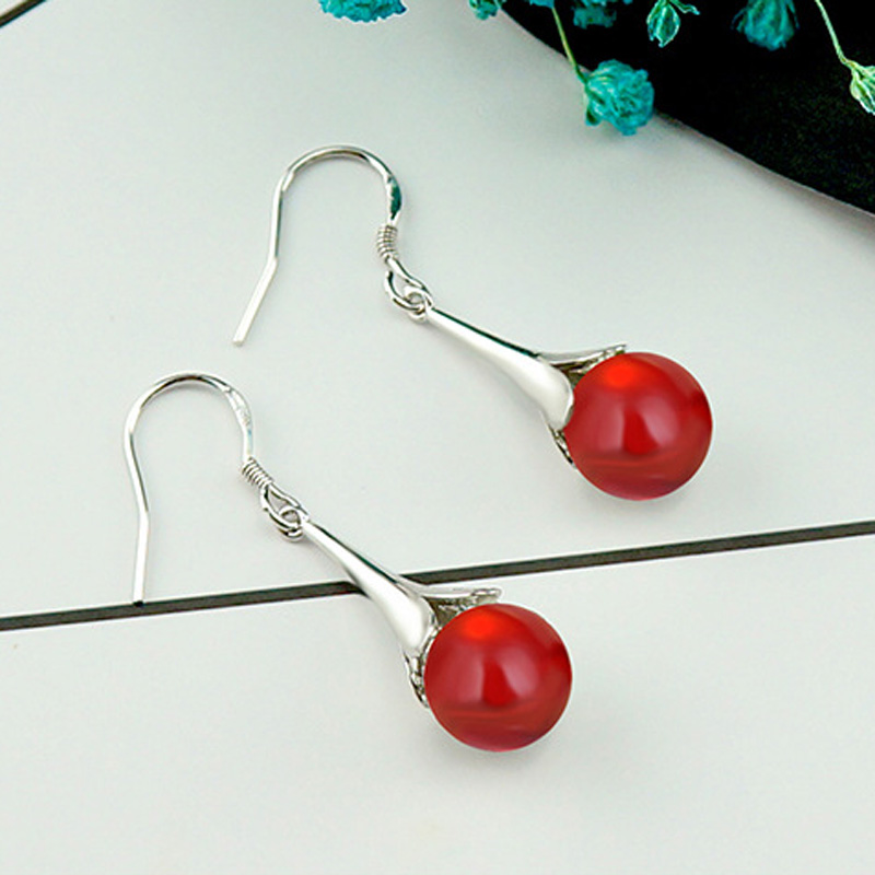 Red Agate Bead Dangle Earrings Jewelry S925 Silver Plated Vintage Tassel Drop Earring