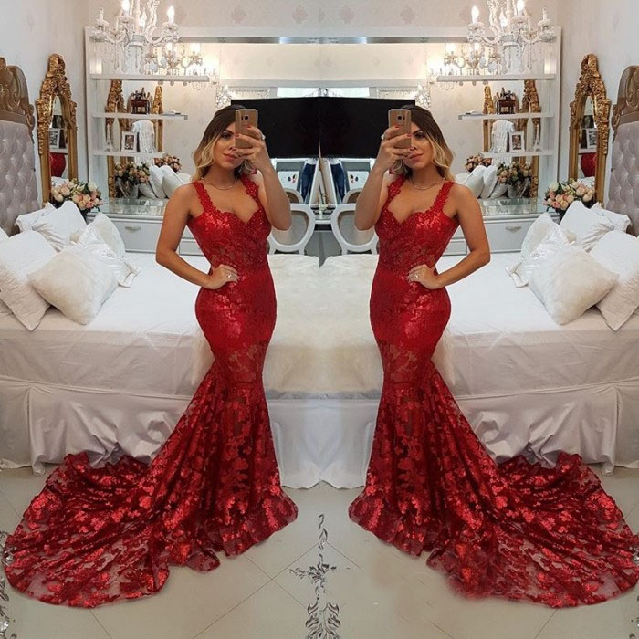Evening Sexy Dark Red Dress Spaghetti Sequined Mermaid Sleeveless Prom Back Zipper Sweep Train Custom Made Formal Party Gowns Elegant 6660306