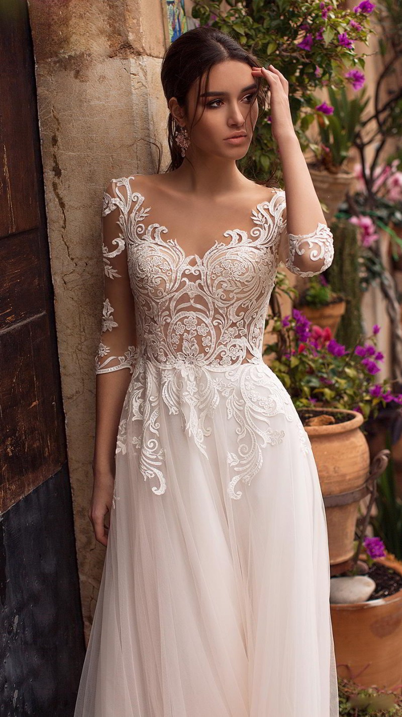 naviblue dolly cheap wedding dresses sexy 3 4 long sleeves lace appliqued sheer bridal gowns tulle a line vestido de novia