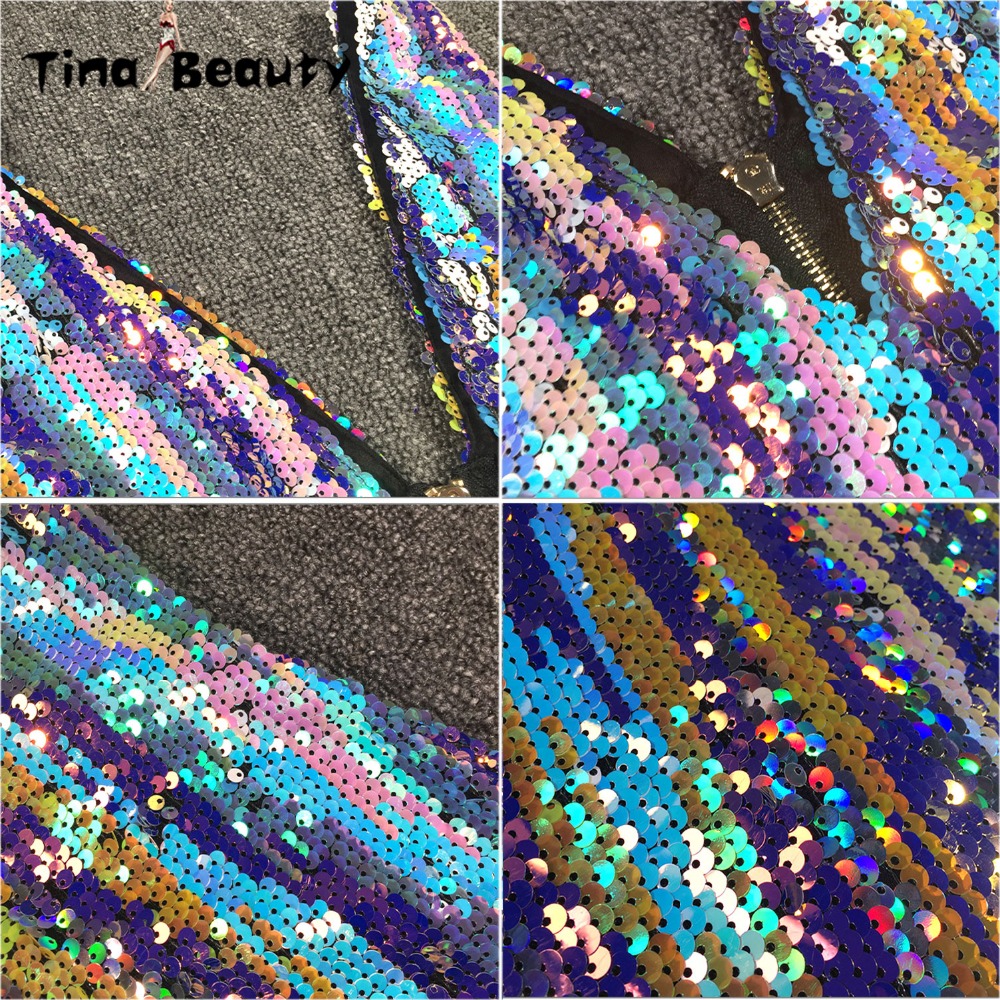 Tina Beauty Celebrity Angel Brinks Dress Women Rainbow Sequined Midi Dresses Sexy Shimmer Sleeveless V Neck Split Bodycon Dress