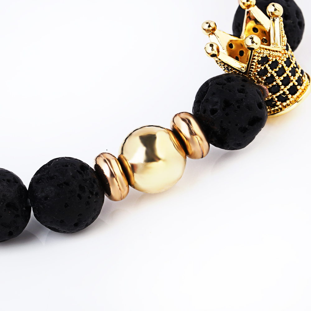 Black Lava Natural Stone Volcanic Rock Beads Strand Bracelets Trendy Gold Zircon Crown Bright Bead Bracelet Men Women Pulseras