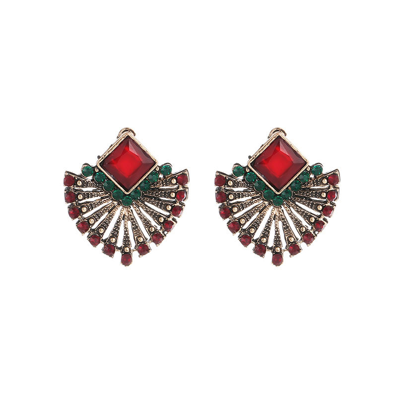 New Bohemia Vintage Fan-shaped Stud Earrings for Women Fashion Red and Green Crystal Earring Charm Statement Jewelry Wholesale, Golden;silver
New Bohemia Vintage Fan-shaped Stud Earrings for Women Fashion Red and Green Crystal Earring Charm Statement Jewelry Wholesale, Golden;silver