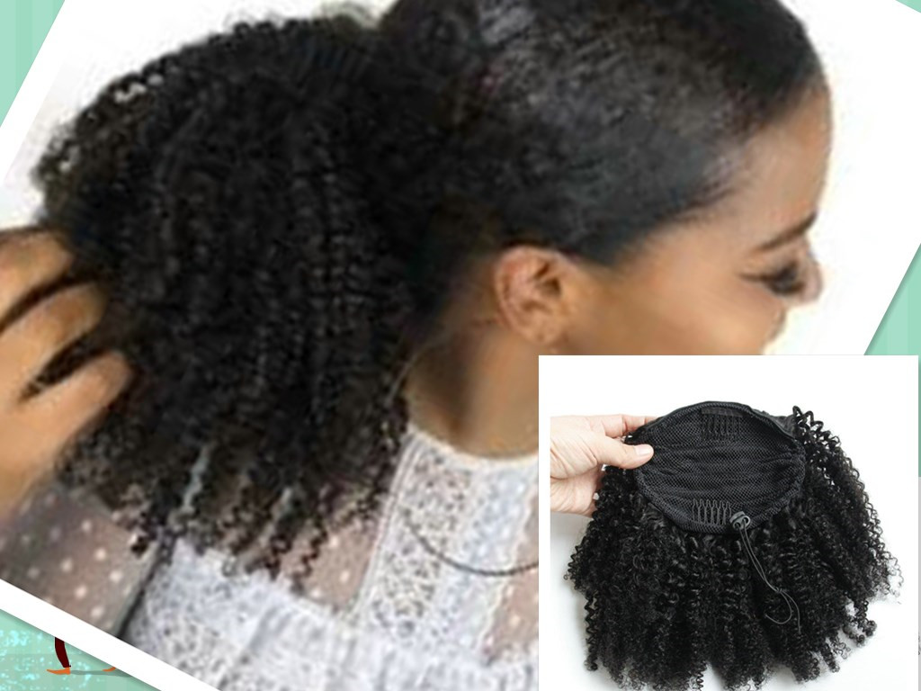 African American Human Hair Ponytail Extensions Brazilian Virgin Hair Kinky Curly Drawstring Pony tail In Stock Fast Shipping