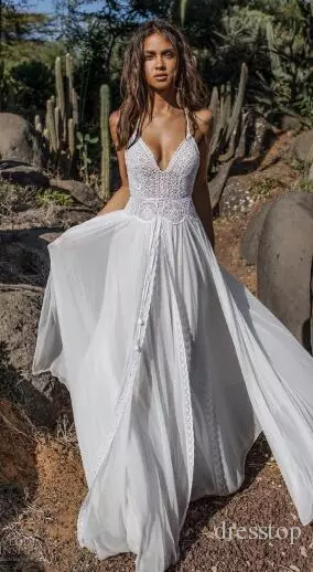 Asaf Dadush 2020 Wedding Dresses Spaghetti Straps Lace Bridal Gowns Backless Robe de mariée Simple Customized A-Line Wedding Dress