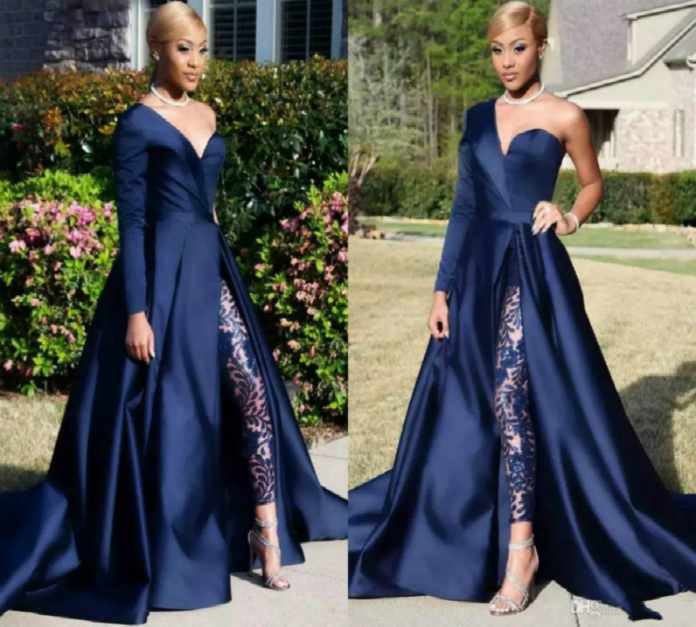 Elegant Jumpsuits Evening Dresses With Detachable Skirt One Shoulder front Slit Pantsuit prom dresses taffeta Celebrity Gowns Party Dress