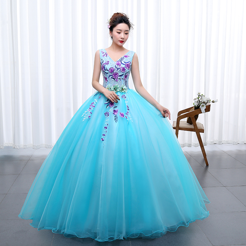 OPZC Color yarn Princess Blue New Wedding Dress 2018 Sexy V Neck for Party Chorus host Fleabane Bitter Stage Studio Photo