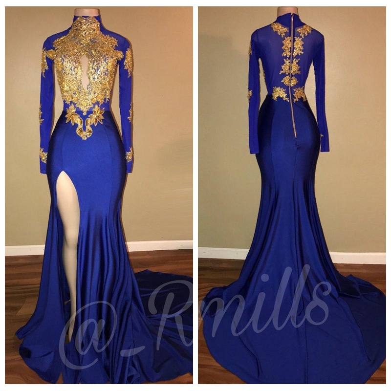 2018 High Neck With Gold Lace Appliques Evening Dresses Mermaid Vintage Long Sleeves Sexy High Thigh Split Black Girls Prom Party Gowns, Gray
2018 High Neck With Gold Lace Appliques Evening Dresses Mermaid Vintage Long Sleeves Sexy High Thigh Split Black Girls Prom Party Gowns, Gray