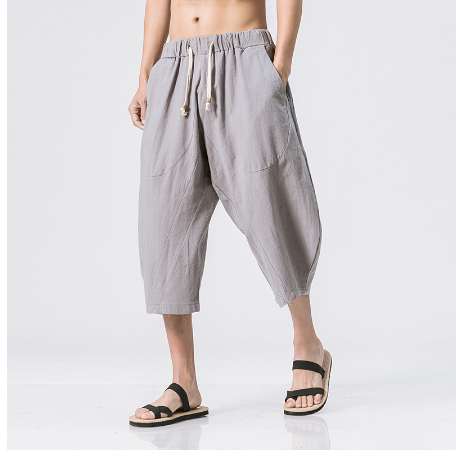 Men's Linen trousersFashion Men's Elastic Waist Wide Leg Cotton Harem Baggy mens Pants Patchwork Linen Capri Trousers