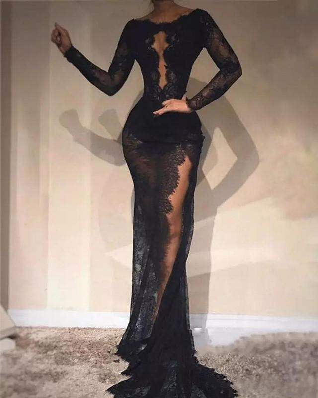 Black Illusion Lace Mermaid Evening Dresses Appliqued Long Sleeves High Split Prom Dress Formal Evening Gowns Sexy Special Occasion Dress