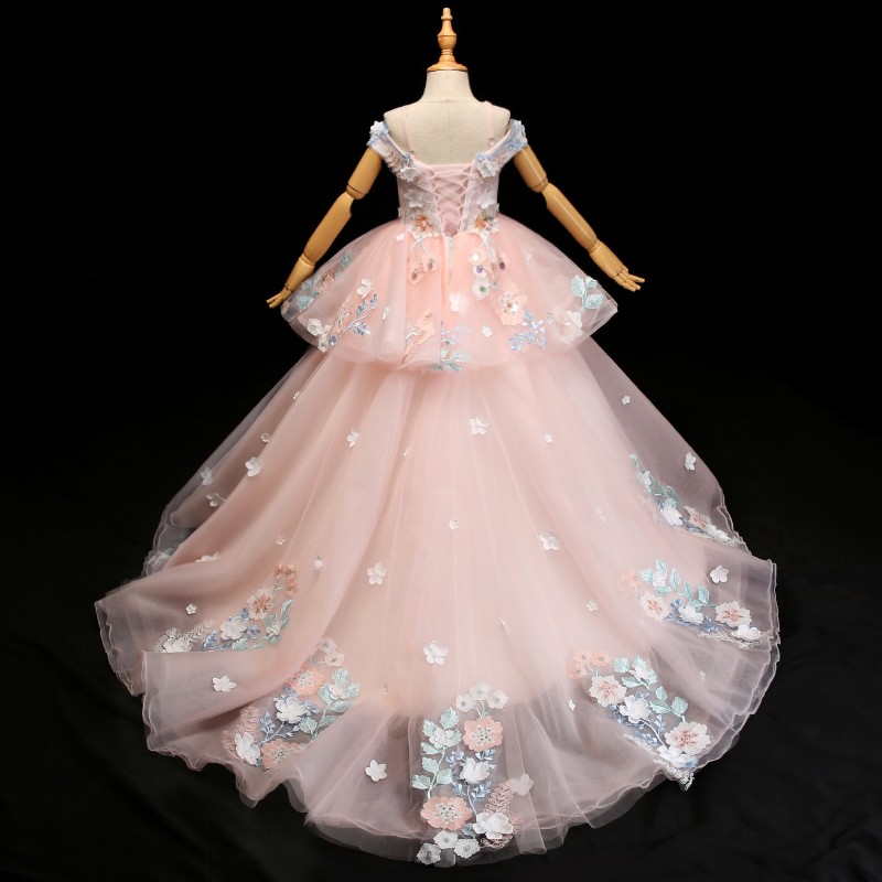 Pink Off The Shoulder Flower Girl Dresses Lace Applique Beaded Gogerous Girls Pageant Dress Sweep Train Lace Up Back Birthday Party Gowns