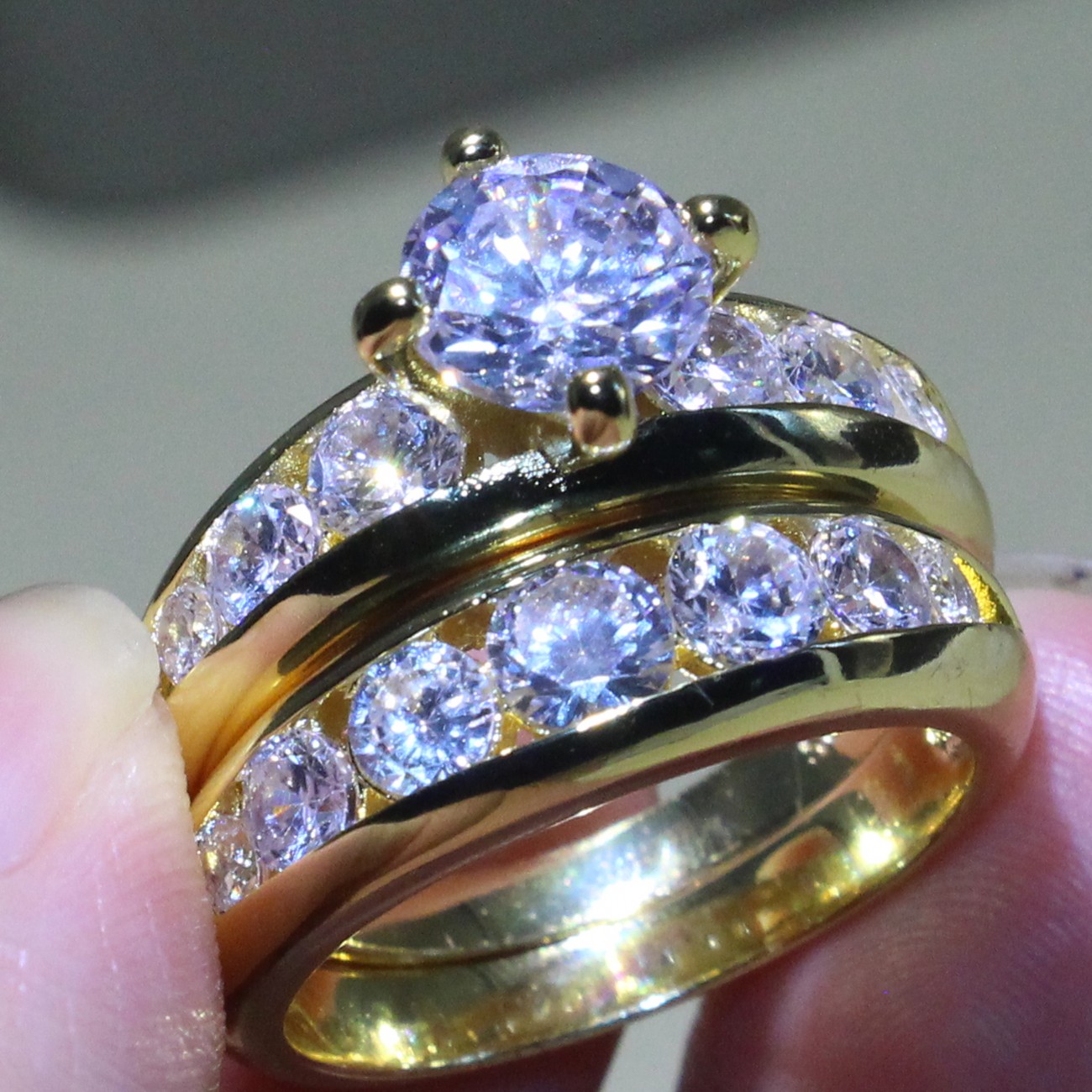 Sterg Sier Gold Fill Topaz Cubic Zirconia White Dia Rings Bridal Set