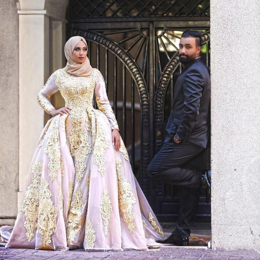 muslim beaded wedding dresses with detachable train bridal gowns gold lace appliqued blush pink tulle long sleeves country bride dress