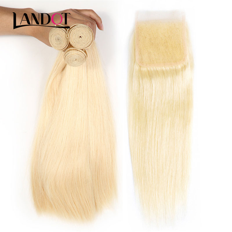 9A Brazilian Straight Virgin Human Hair Weaves 4 Bundles With Bleach Blonde Color 613# Lace Closure Peruvian Malaysian Indian Cambodian Hair