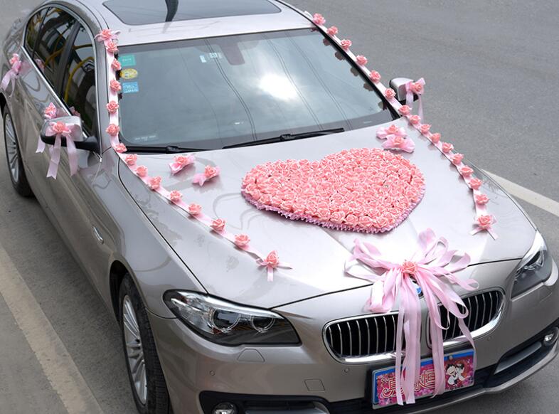 Wedding Car Decoration Flower Set PE Artificial Rose Door Handles and Rearview Mirror Decorate Heart-shaped Wedding Car Decoration