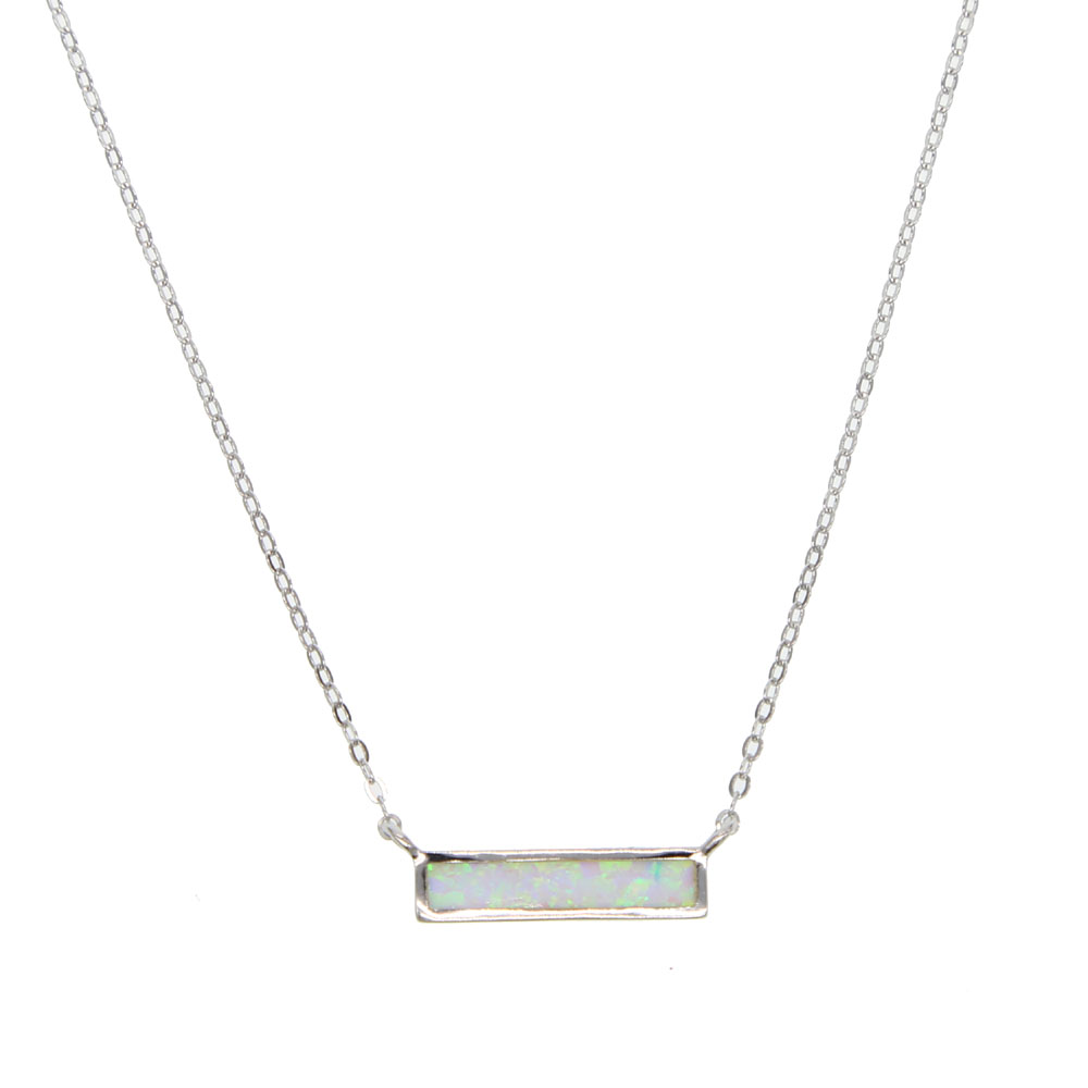 100% 925 sterling silver opal gemstone jewelry blue white fire opal simple geometric bar charm minimal silver necklaces