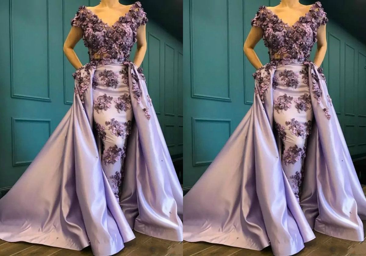 3D Floral Applique Prom Dresses With Detachable Train V Neck Short Sleeves Satin Sweep Train Mermaid Evening Dress Saudi Fomal Dress