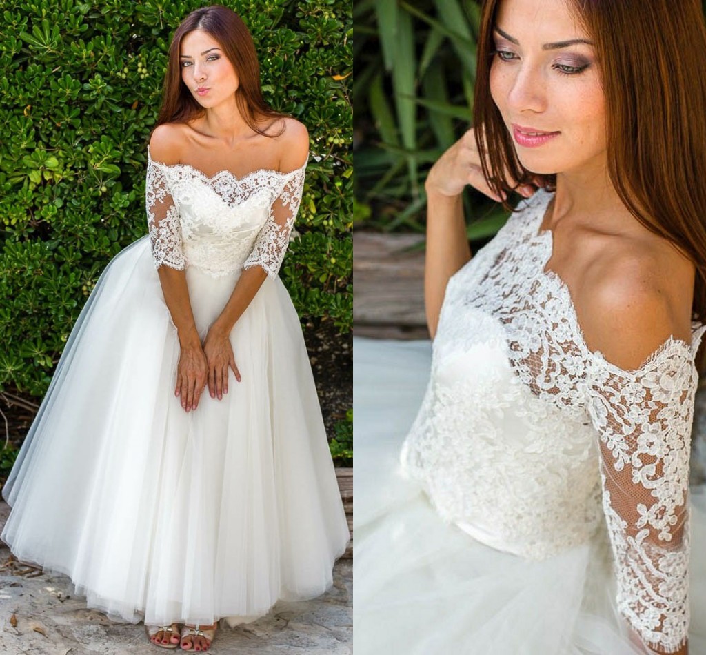 Tea Length Wedding Gowns Short Cheap With Sleeves 2018 Elegant Lace Tulle A line Princess Country Stylish Bridal Dress Custom For Bride, Red
Tea Length Wedding Gowns Short Cheap With Sleeves 2018 Elegant Lace Tulle A line Princess Country Stylish Bridal Dress Custom For Bride, Red