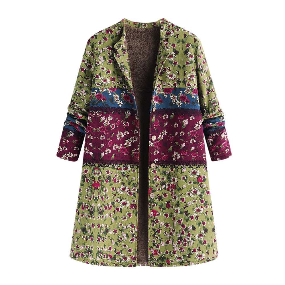 ISHOWTIENDA New Winter Warm Outwear Button Ral Print Pocket Vintage Oversize Manteau Femme Hiver Coat Women B3