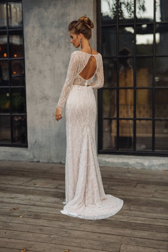 Vintage Boho Mermaid Dresses Bateau Neck Backless Lace Bridal Gowns Sweep Train Long Sleeve Sequined Wedding Dress Plus Size
