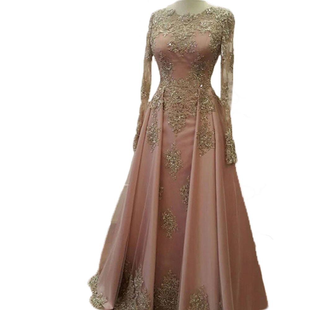 Elegant Prom Dresses Pink Gold Lace Vestido de Formatura Muslim Long Sleeve Evening Dress Formal Party Celebrity Gowns QC1097