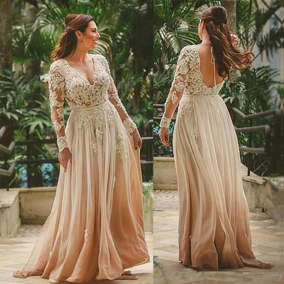 

Beauty Champagne Boho Beach Wedding Gowns Sexy Deep V Neck Long Sleeves Backless Floor Long Country Garden Bridal Dress Plus Size, Ivory