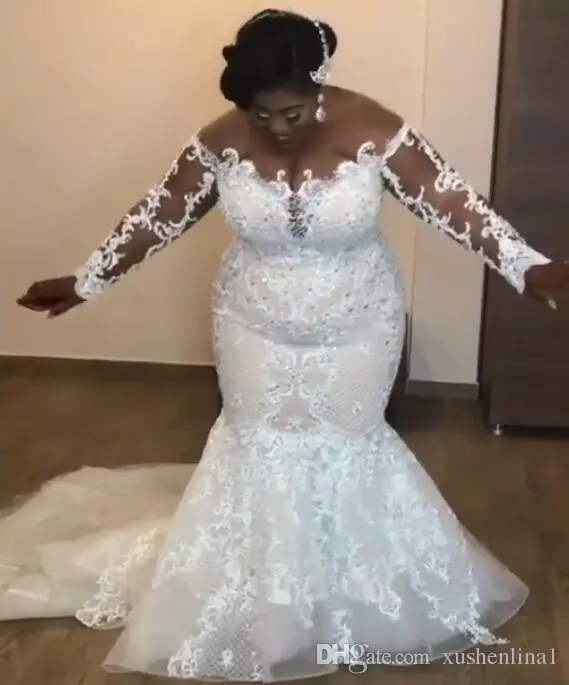 Amazing African Mermaid Dresses Beaded Lace Appliques Long Sleeve Bridal Gowns Sexy Sheer Scoop Plus Size Wedding Dress