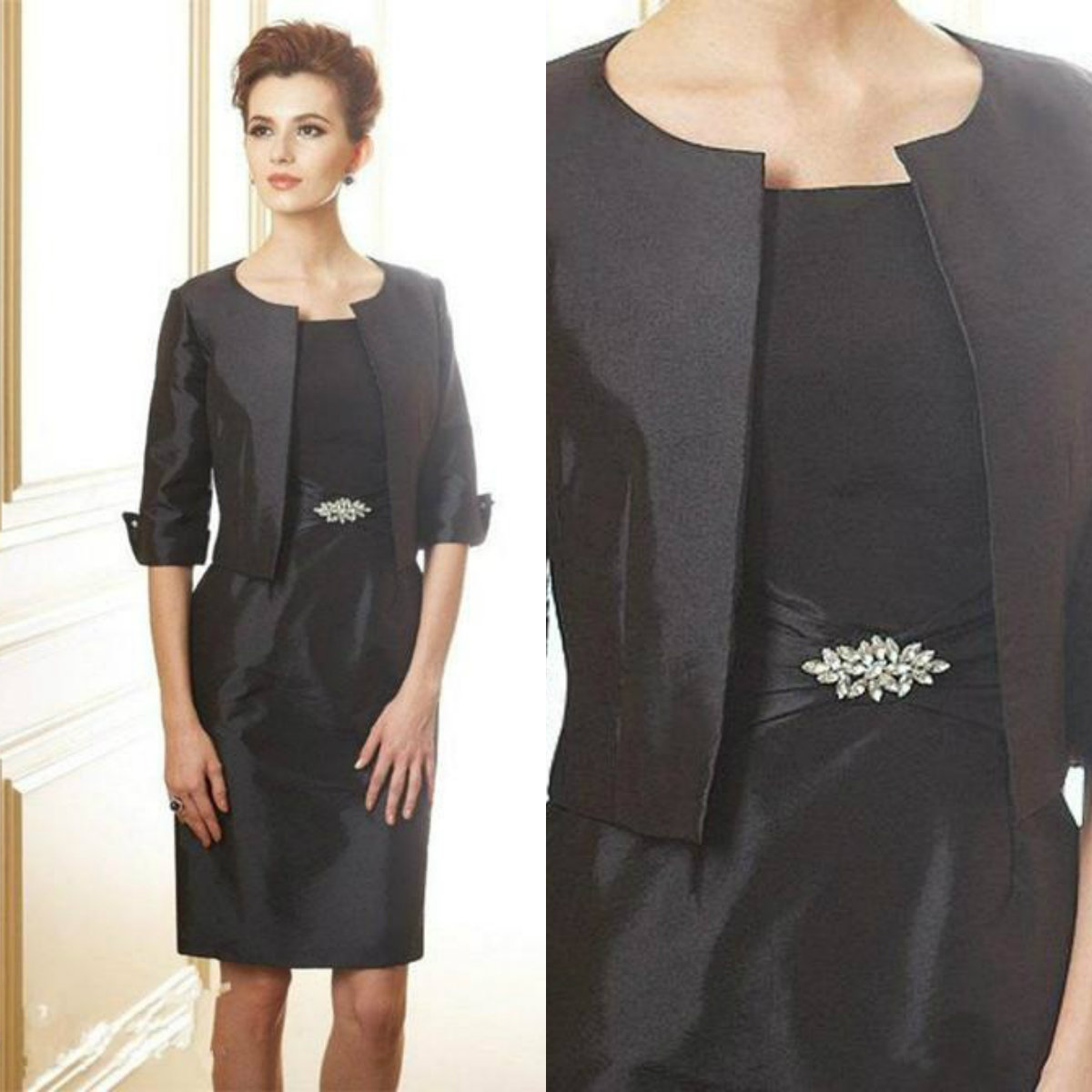 Elegant Black Mother Of The Bride Dresses Sleeveless Jewel Neck Crystal Design Elastic Satin Mothers Dress Formal Two Pieces Evening Gowns