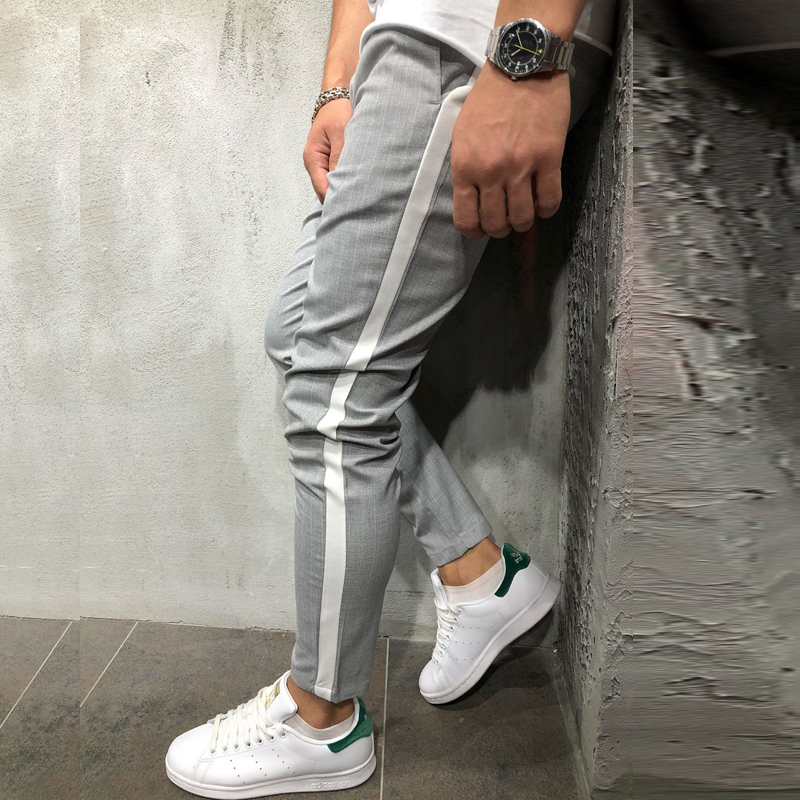 Mens Ankle Pants Streetwear Side Stripes Checkered Trousers Casual Slim Fit Street Fas