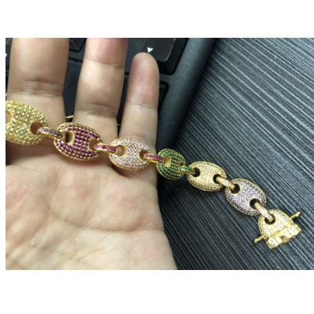 Mens Iced Out Hip Hop Silver Gold-Tone CZ Paved Puffed Marine Link Chain Bracelet 13mm 8inch Multicolor Cubic Zirconia