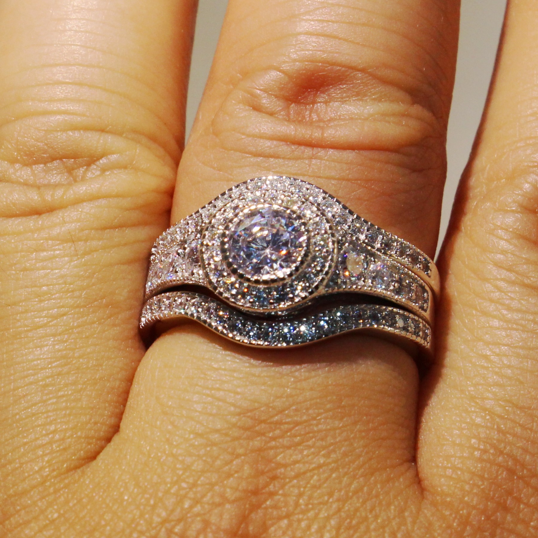 Size 5-11 Jewelry Pave Setting Princess Cut 10kt white gold filled CZ Simulated Diamond Topaz 3 IN 1 Women Wedding Engagement Ring set gift