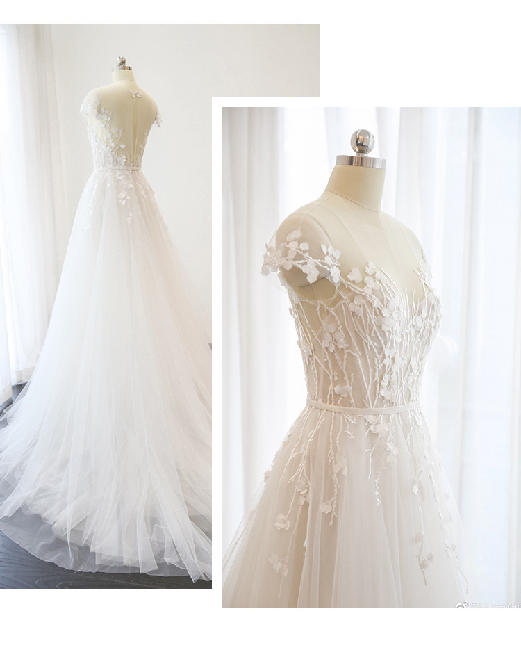 2022 Ivory Tulle Short Sleeves Wedding Dress Sheer Neck Court Train 3d Flower Applique Backless Real Photos A-line Bridal Gowns Custom Made