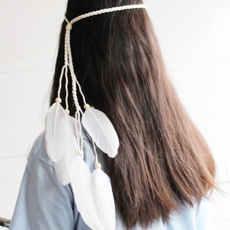 Romani White Feather Headbands Bohemian Brides Hair Rope Bead Longe Woven Pretty Immaculate