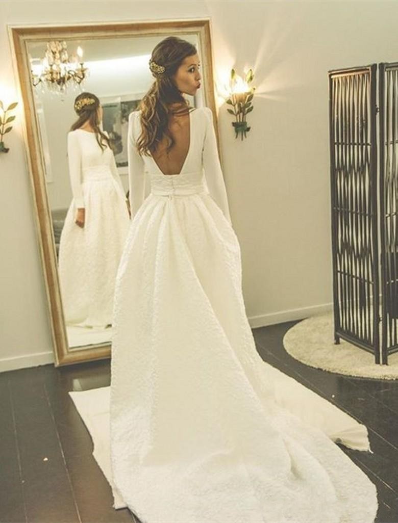 Sale Simple Hot New Design Dresses Backless Court Train Long Sleeves Bridal Wedding Party Gowns Custom High Quality