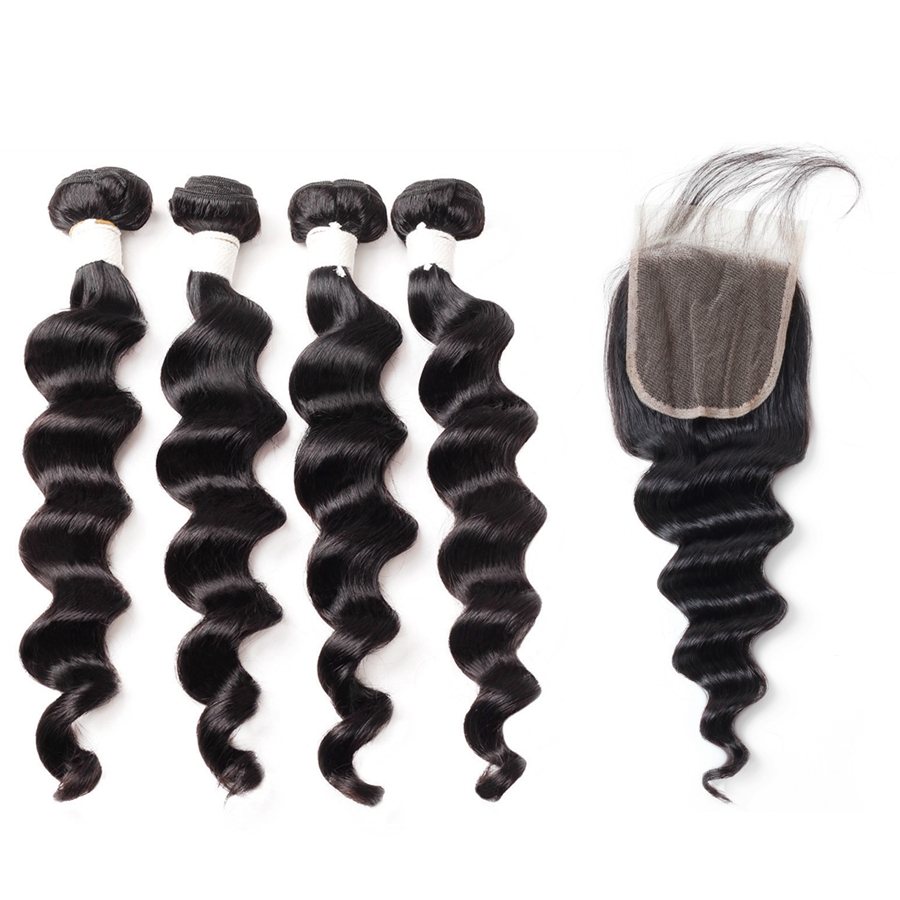 Ishow 4Bundles 8-28 inch Remy Human Hair Bundles with Closure For Women All Ages 9A Loose Deep Curly Body Wave Straight Color 1B Black