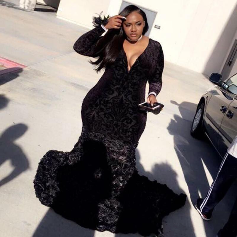 Black Plus Size Lace Formal Evening Dresses Sexy Deep V Neck Long Sleeve Mermaid Prom Gowns 3D ral Appliqued Party Dress