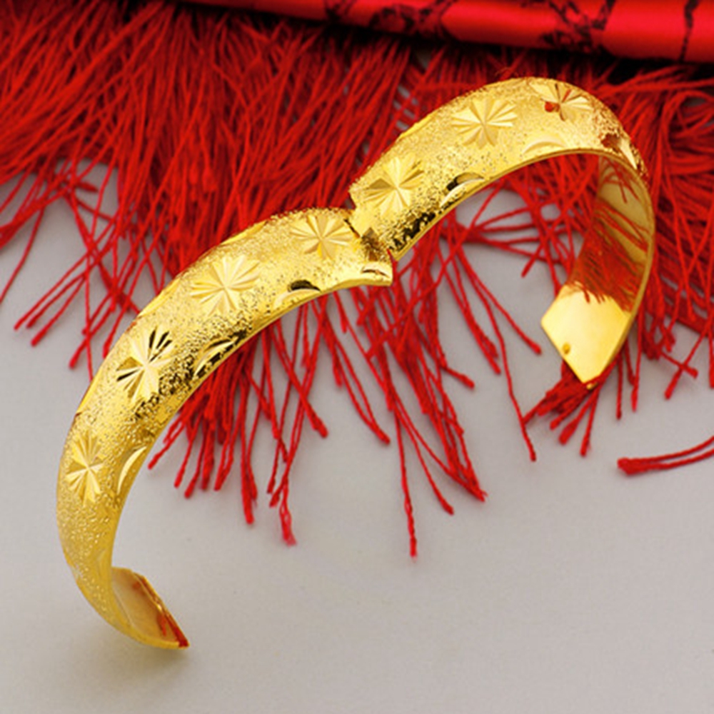 Thick Bangle 15mm Wide 18k Yellow Gold Filled Star Carved Womens Bangle Wedding Jewelry Gift Dia 60mm