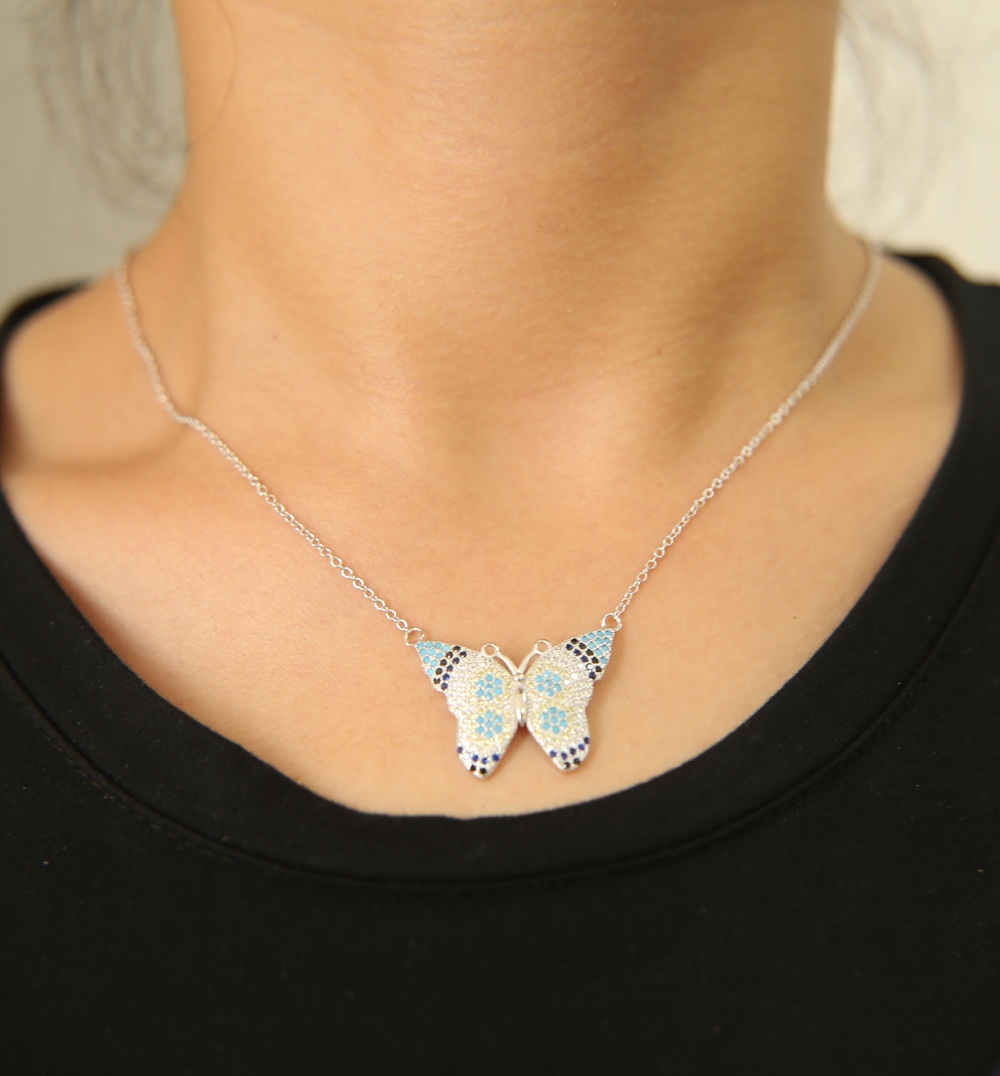 gold silver rose gold 3 colors colorful beautiful butterfly necklace Bohemia style 925 sterling silver paved cz turquoise fashion jewelry
